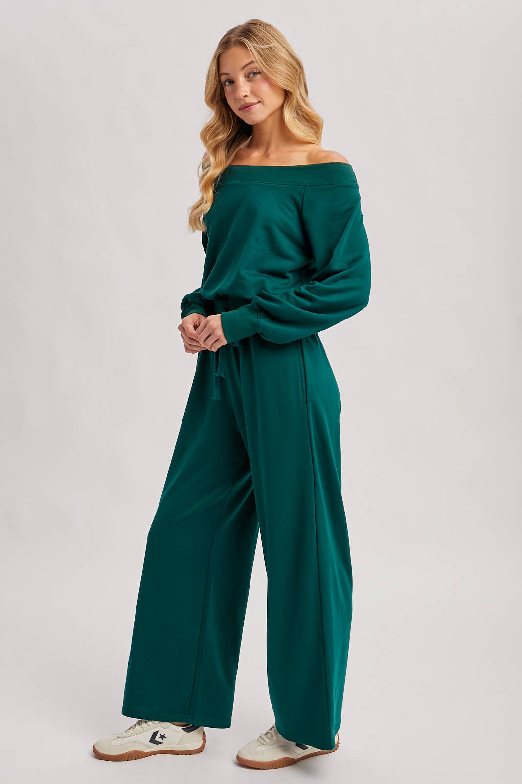 Wide Neck Knit Jumpsuit - Hunter Green