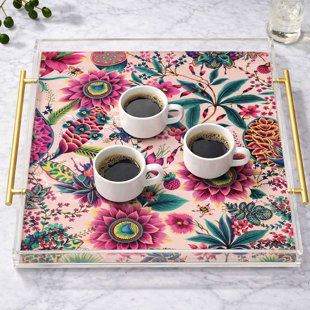 Pink Floral Decorative Acrylic Tray