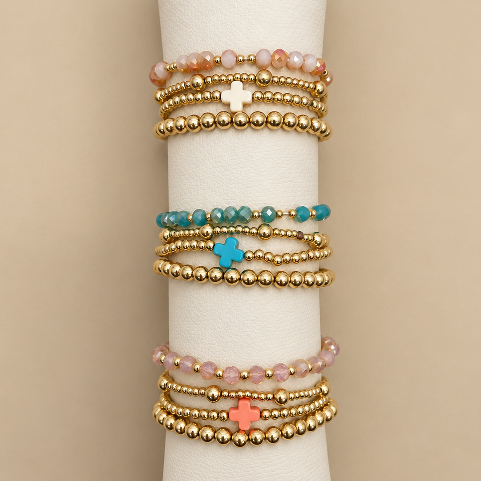 BOHO Cross Multi Color Beaded Stretch Bracelet Set