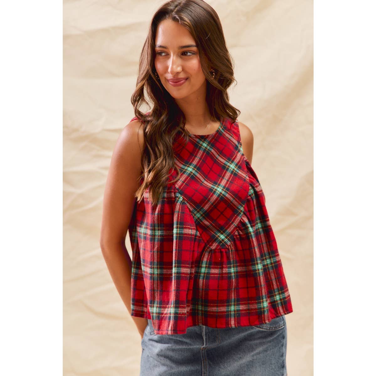Christmas Checkered Plaid Sleeveless Holiday Top