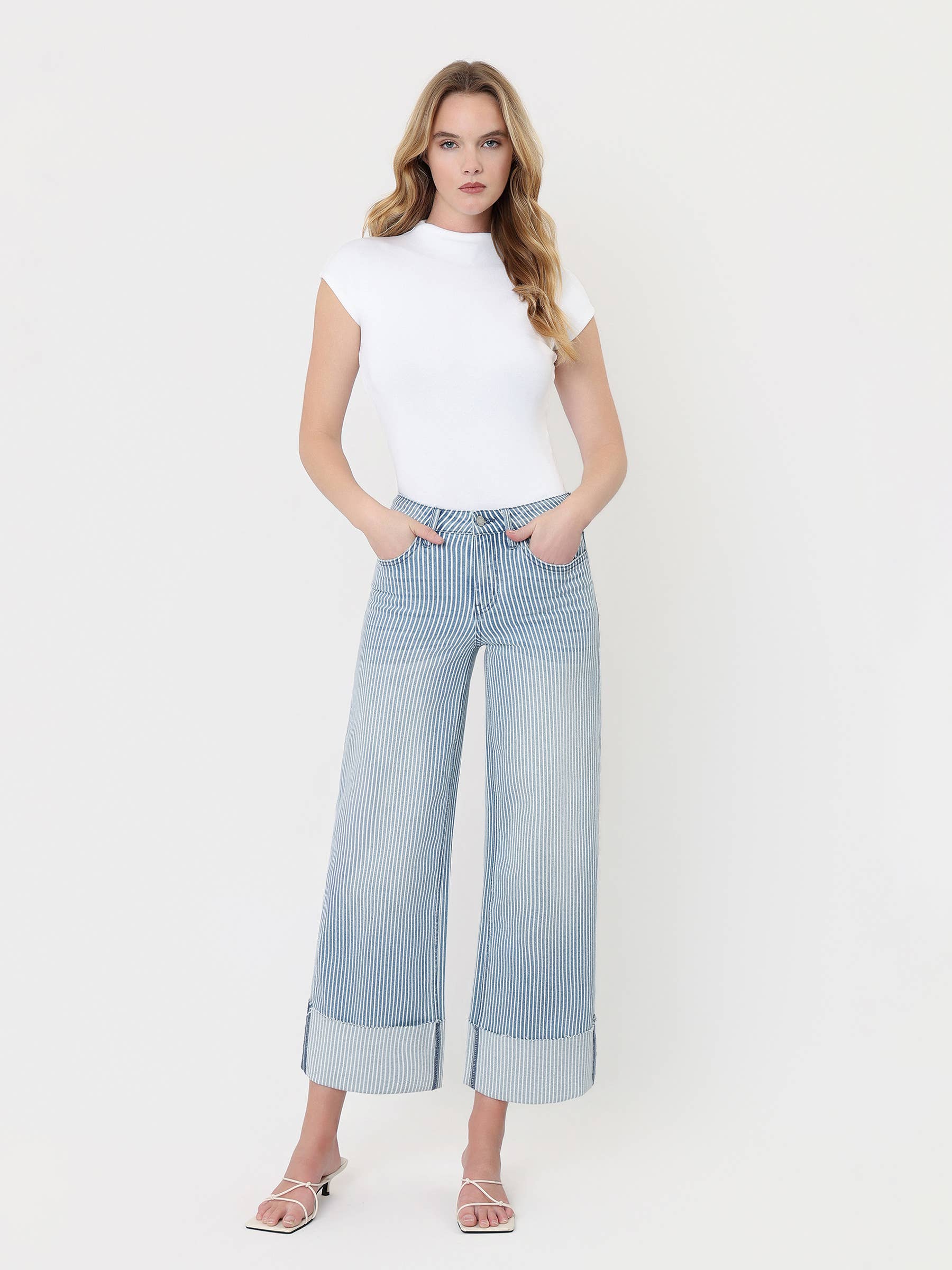 High Rise Cuffed Striped Crop Wide Jeans