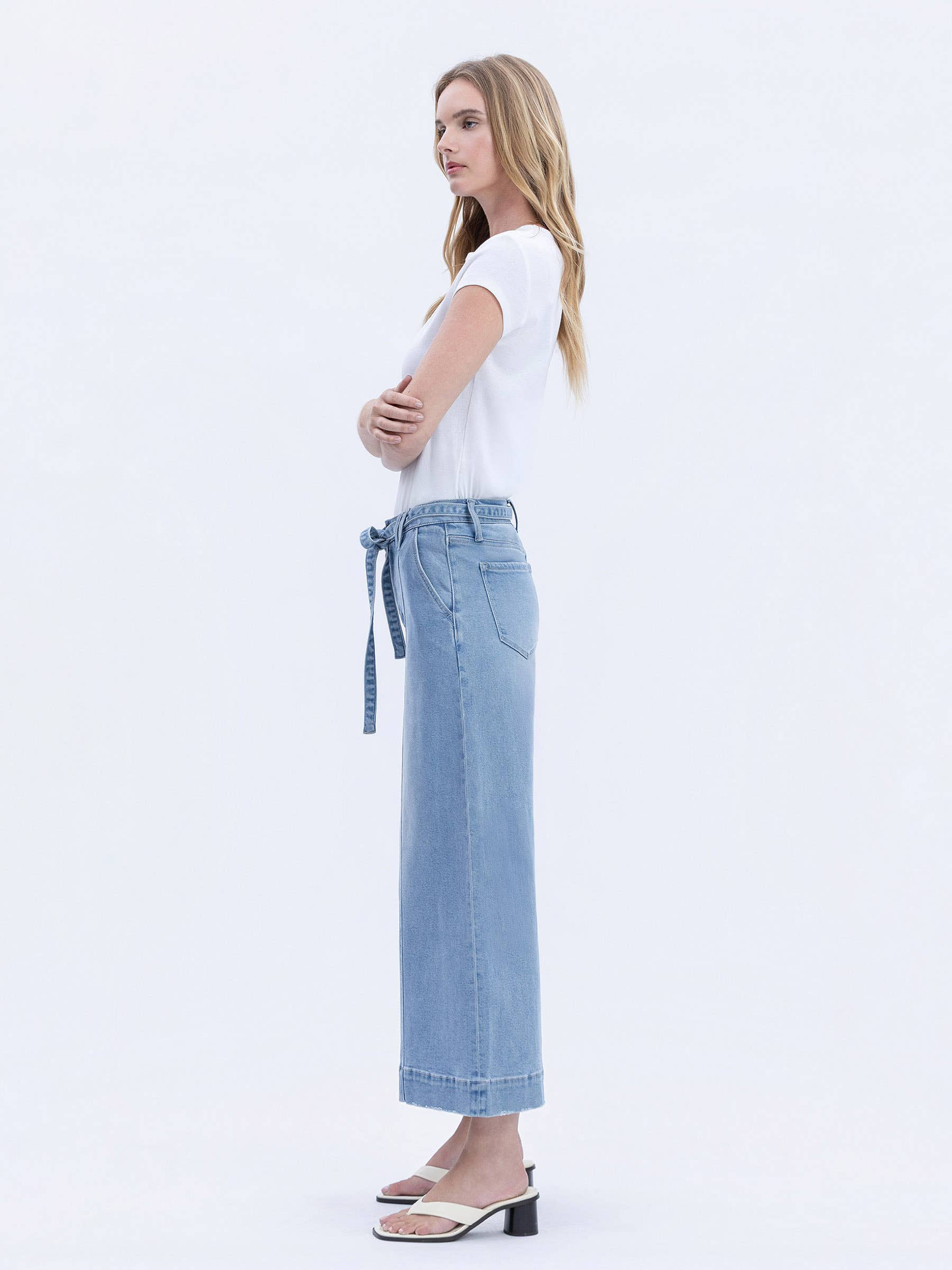 VERVET - High Rise Tie Waist Crop Palazzo Jeans