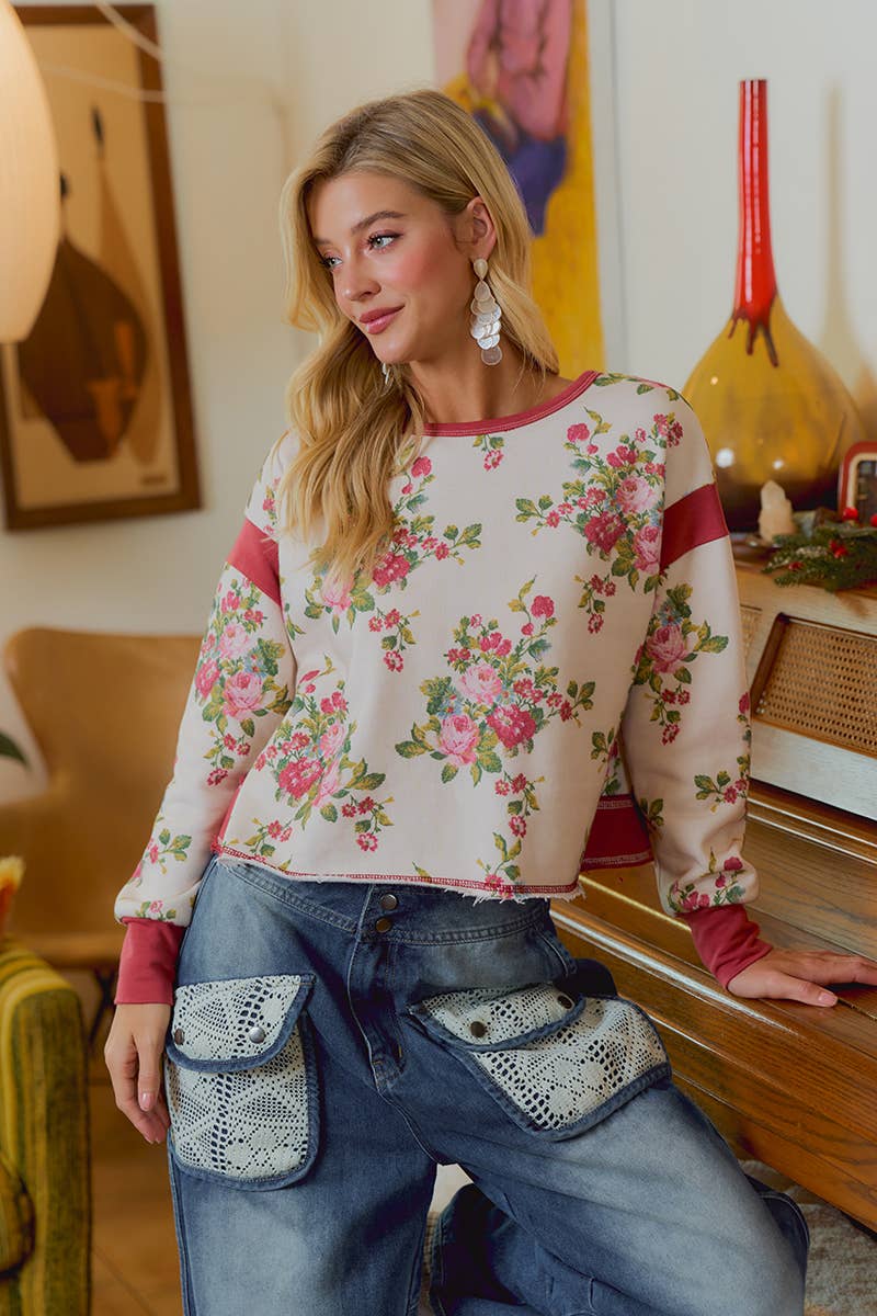 Floral Brushed Terry Open Back Long Sleeve Top