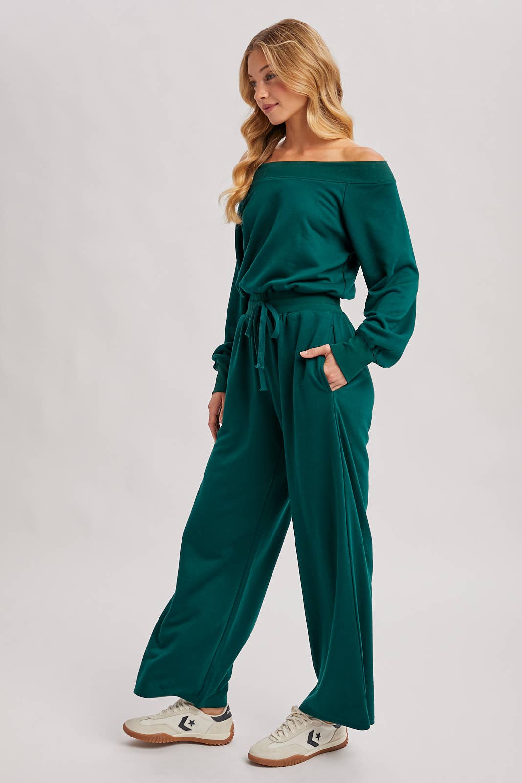 Wide Neck Knit Jumpsuit - Hunter Green