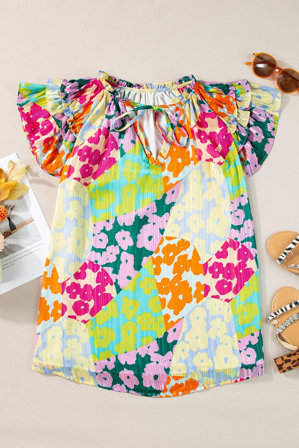 Callie | Leopard Flutter Sleeve V Neck Crinkled Blouse