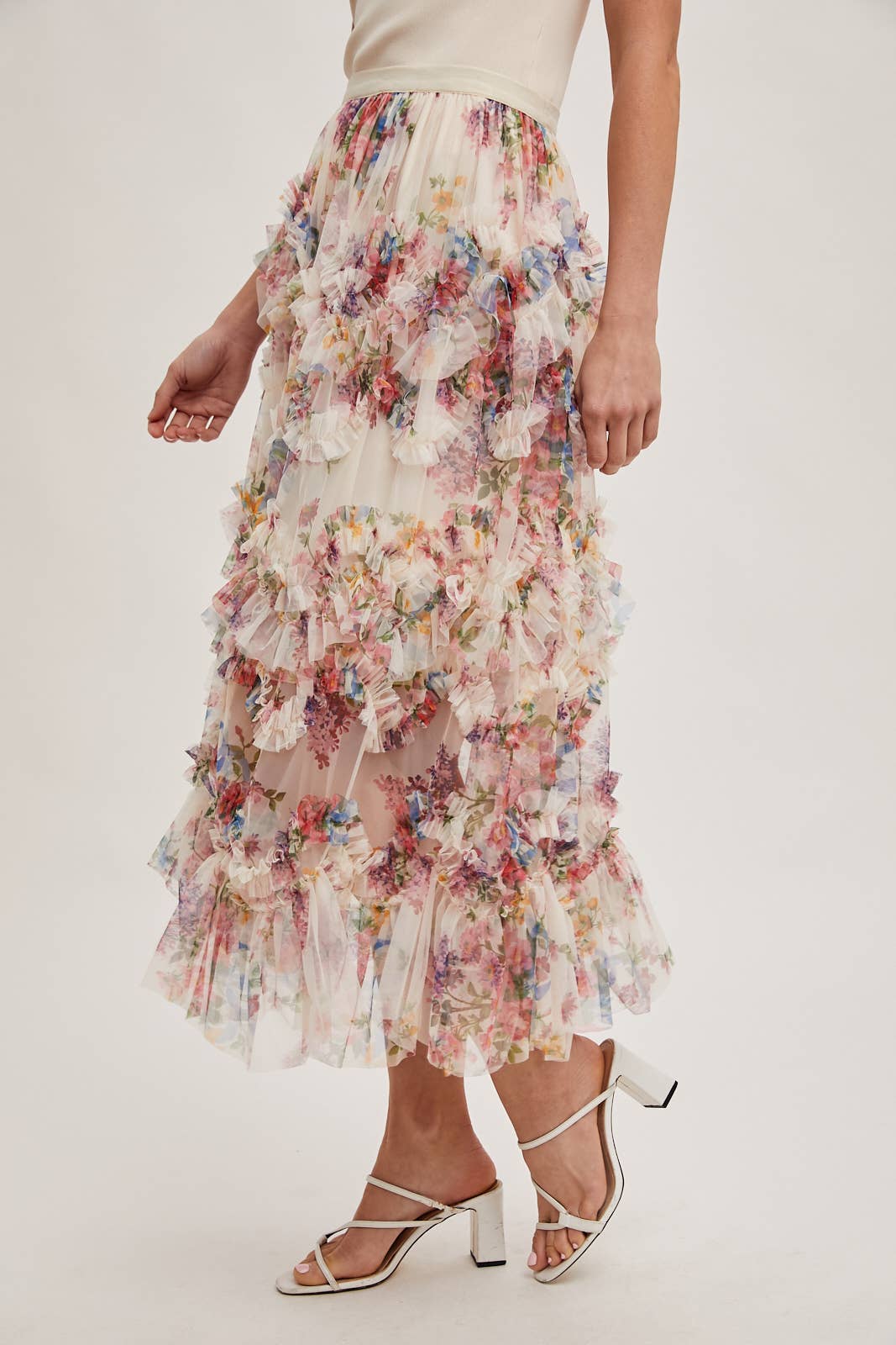 Floral Ruffled Mesh Midi Skirt with Lining