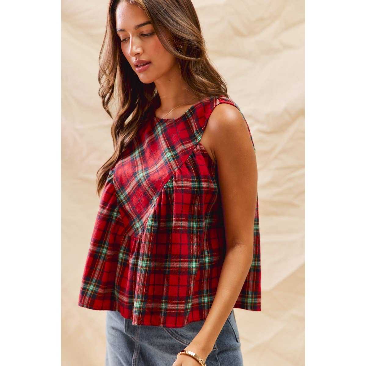 Christmas Checkered Plaid Sleeveless Holiday Top