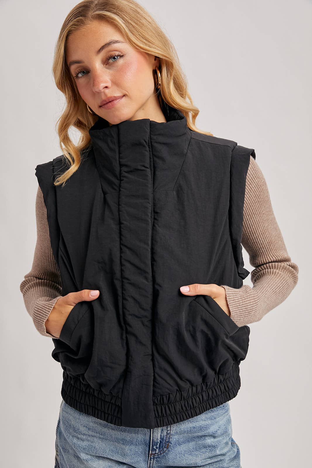 Bomber Style Puffer Vest with Pockets