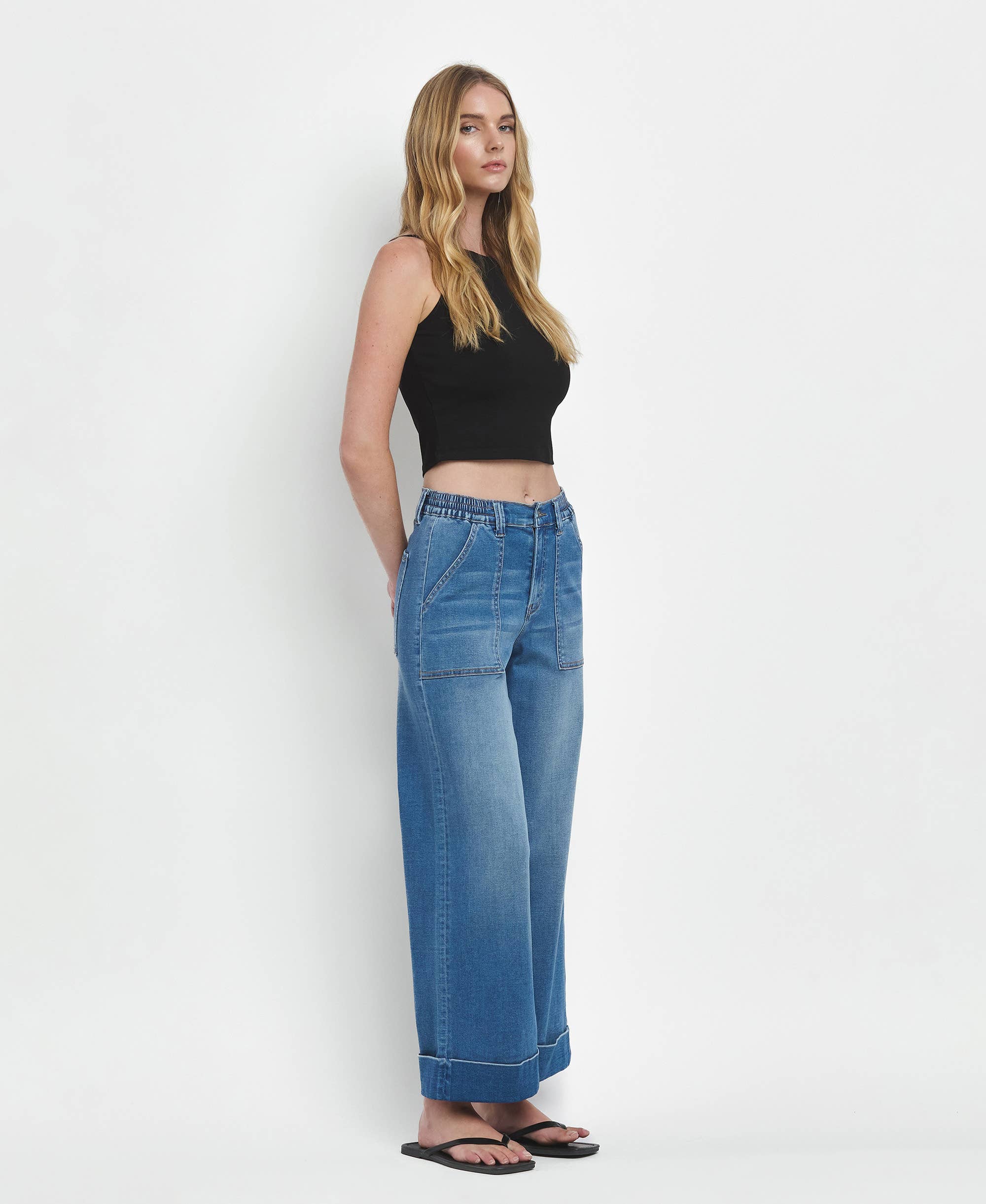 VERVET High Rise Double Cuffed Baggy Wide Cropped Jeans