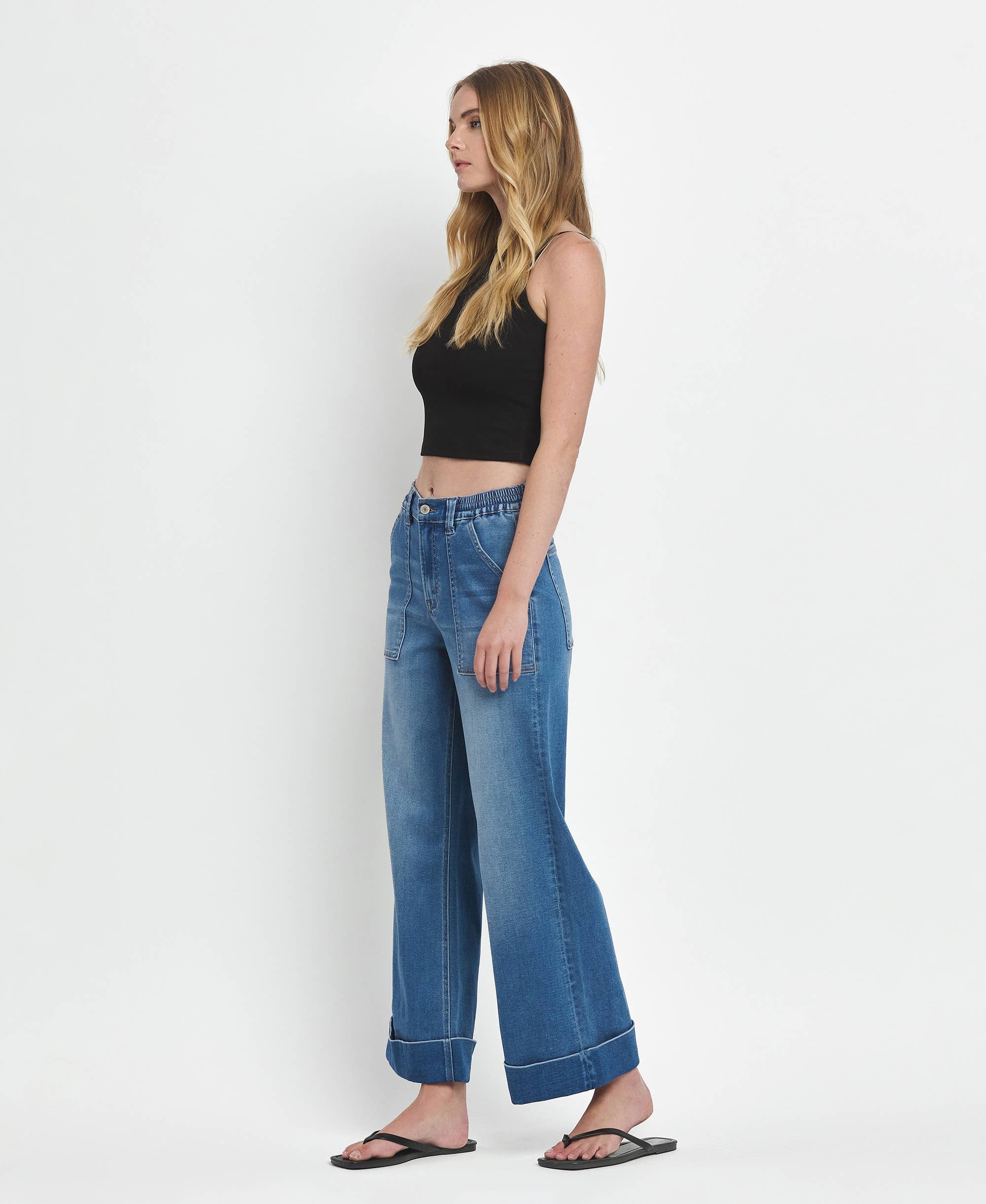 VERVET High Rise Double Cuffed Baggy Wide Cropped Jeans