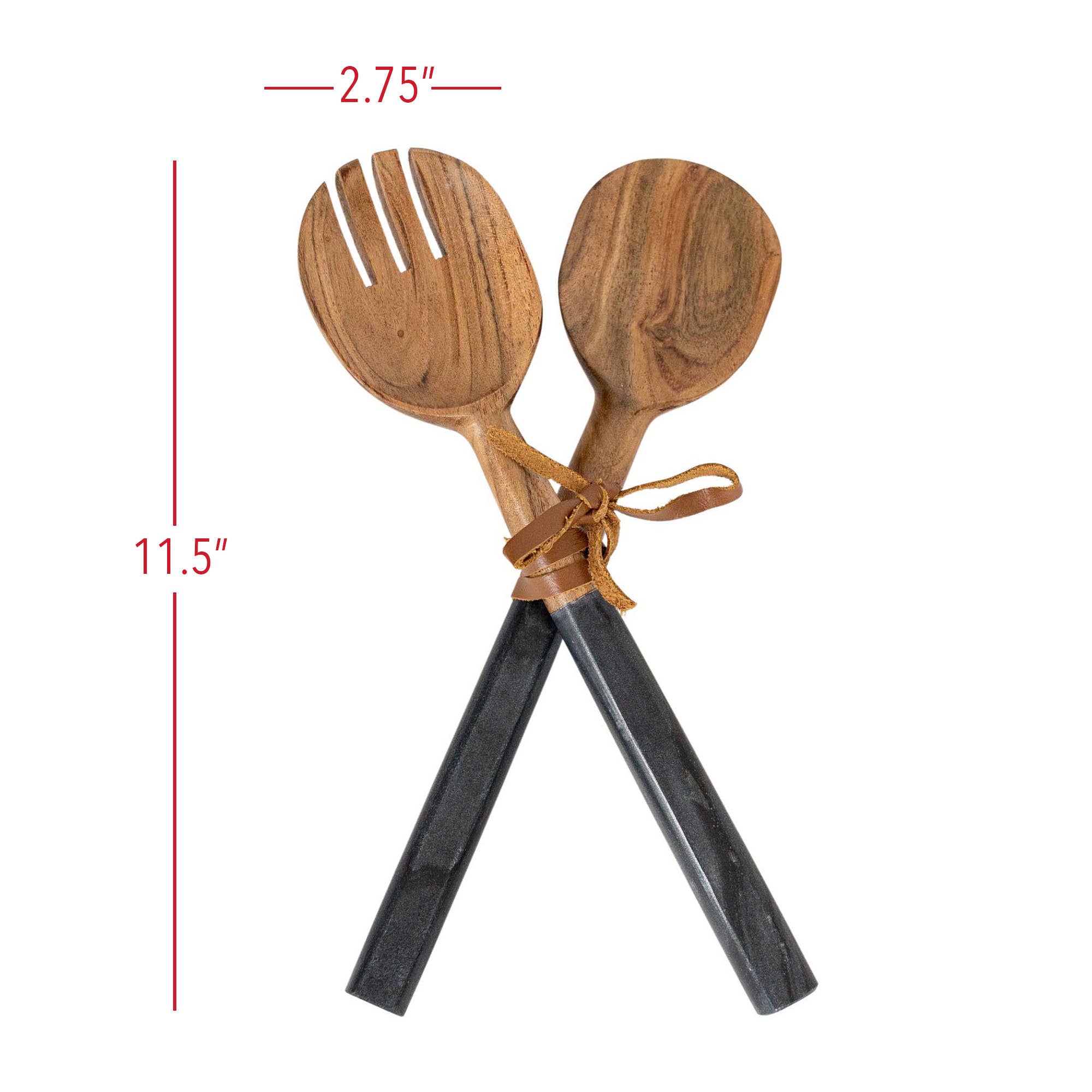 Louisa Set 2 Serving Wood Utensils Black Marble Handles