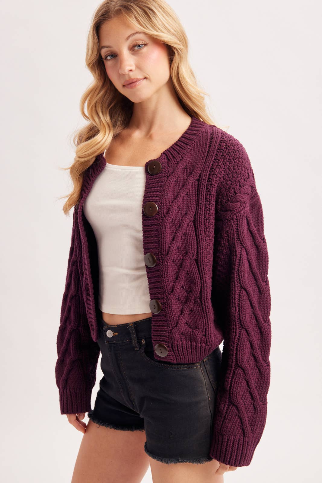 Cropped Button Front Cable Knit Cardigan