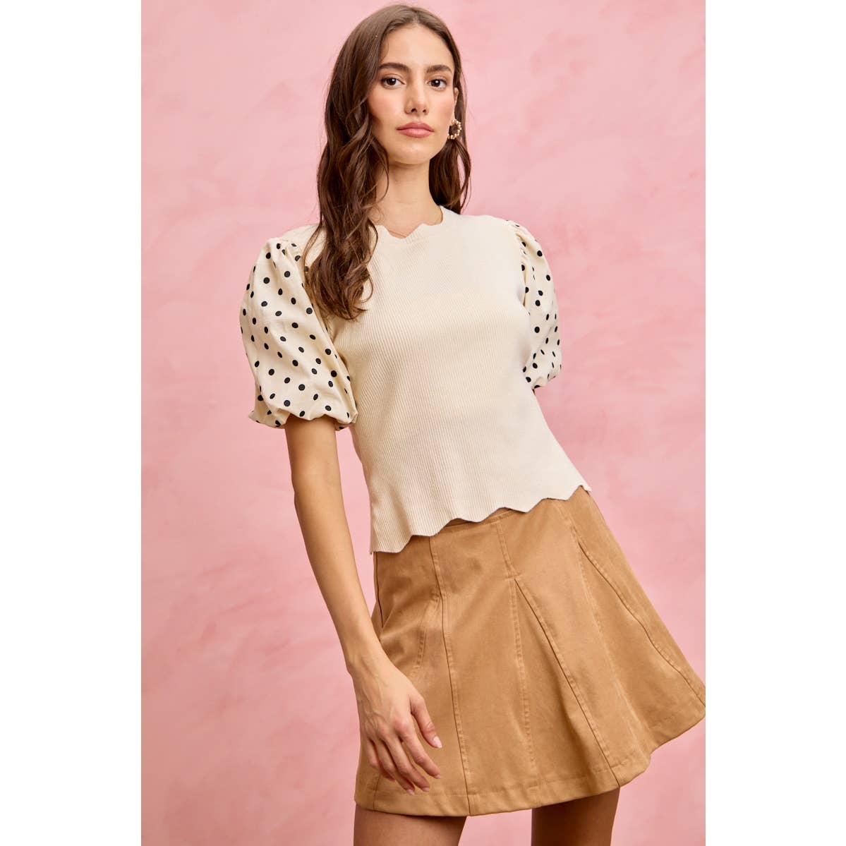 Polka Dot Contrast Woven Balloon Sleeve Top