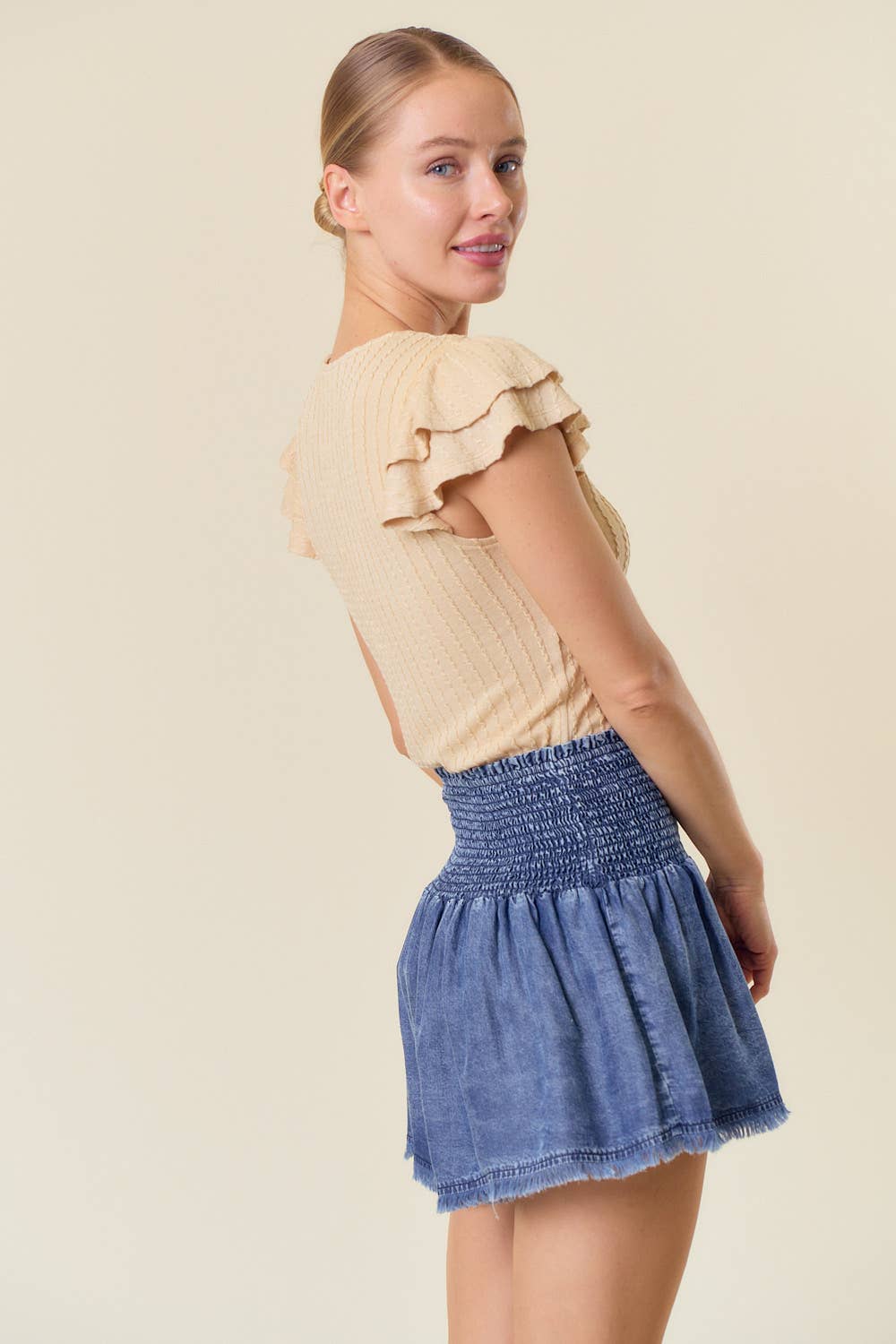 Tencel Denim Smocked Waist Wide Leg Short