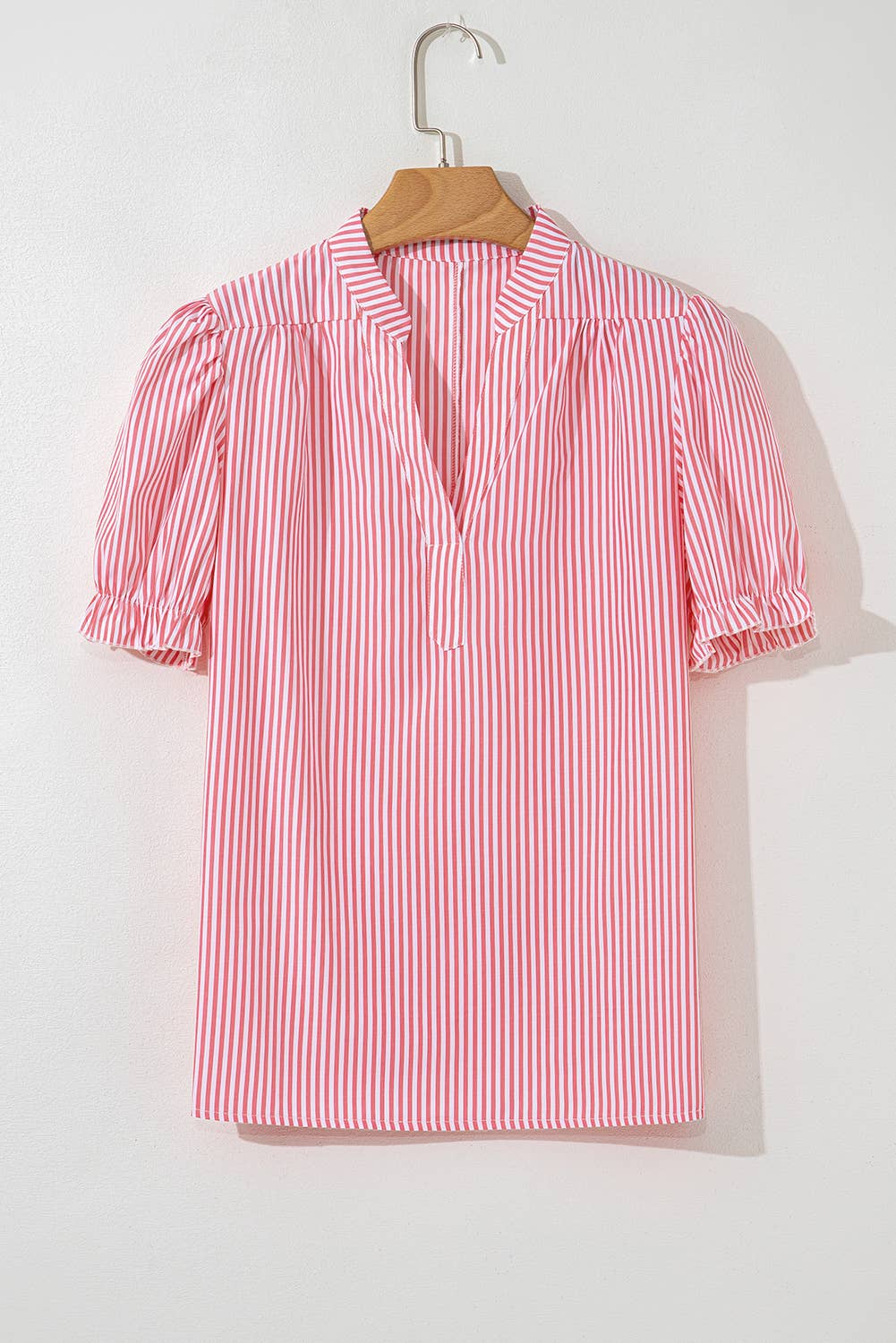 Noah | Stripe Notched Neck Frilled Short Puff Sleeve Blouse