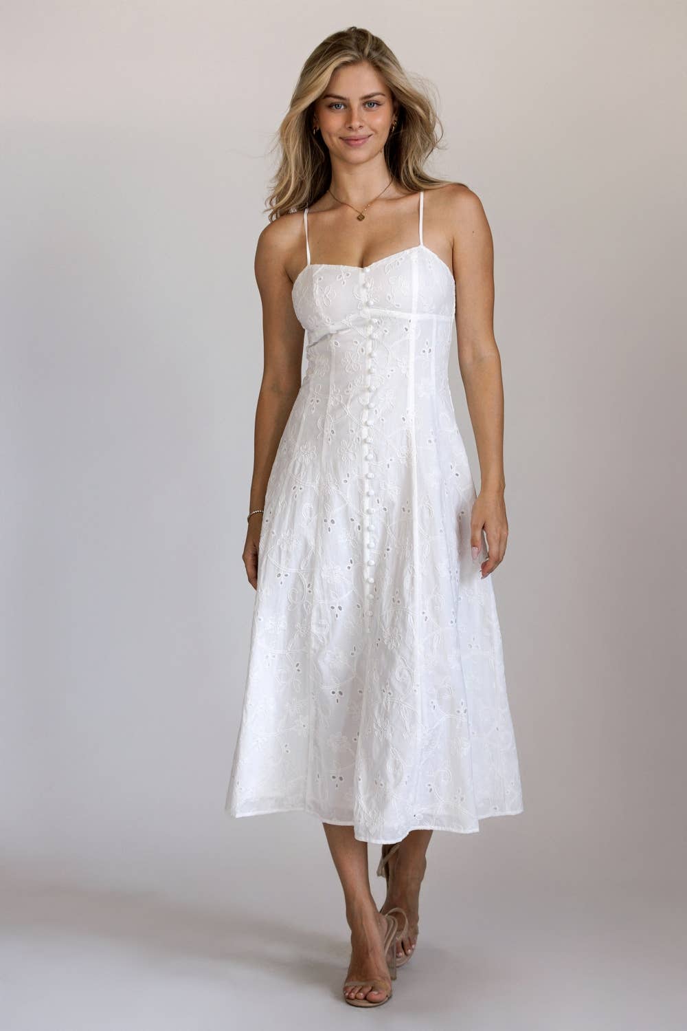 Eyelet Embroidered Button Front Midi Dress