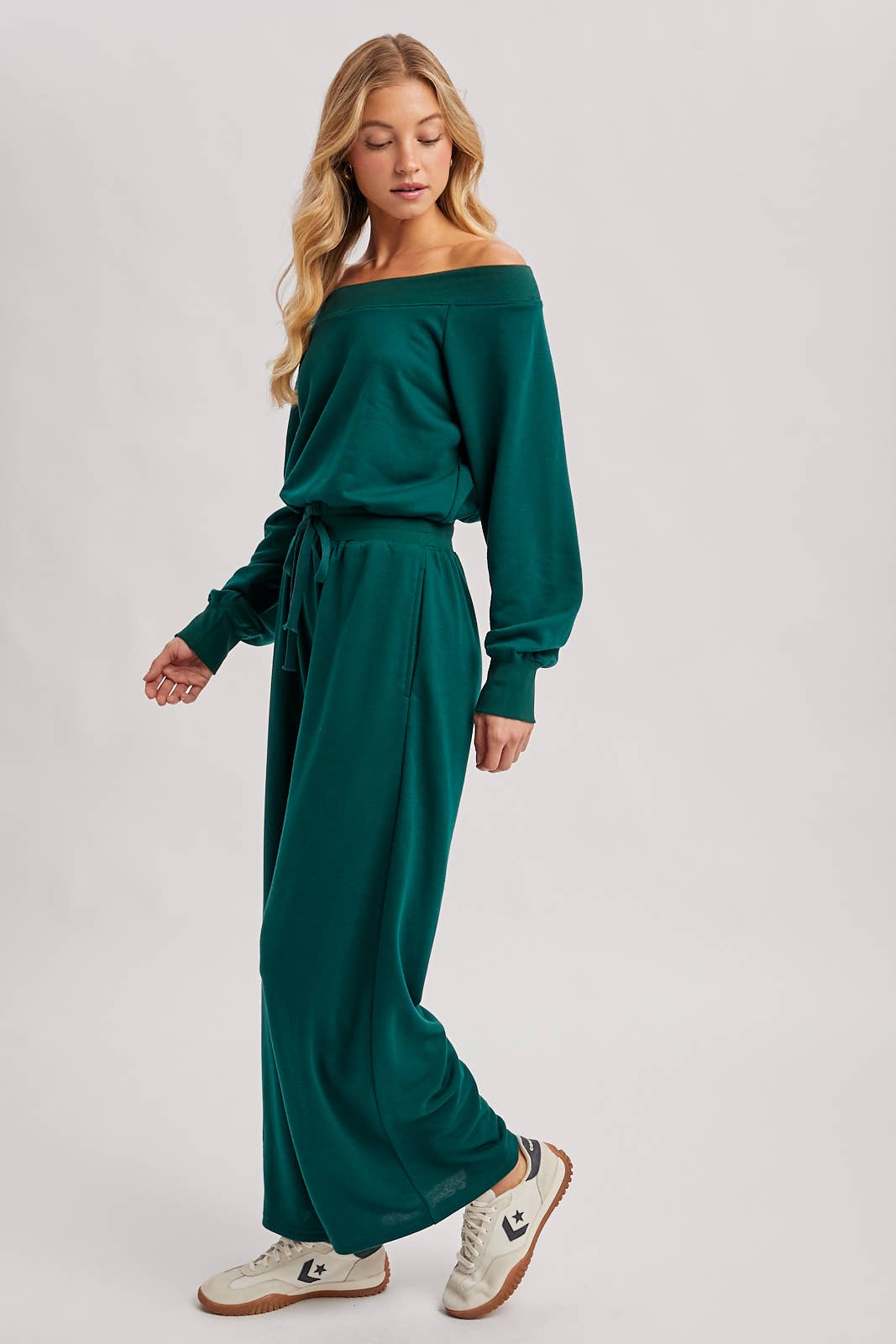 Wide Neck Knit Jumpsuit - Hunter Green