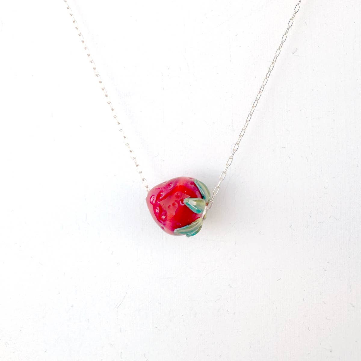Red Lampwork Strawberry Glass Pendant Bead Necklace - Gold Filled Chain