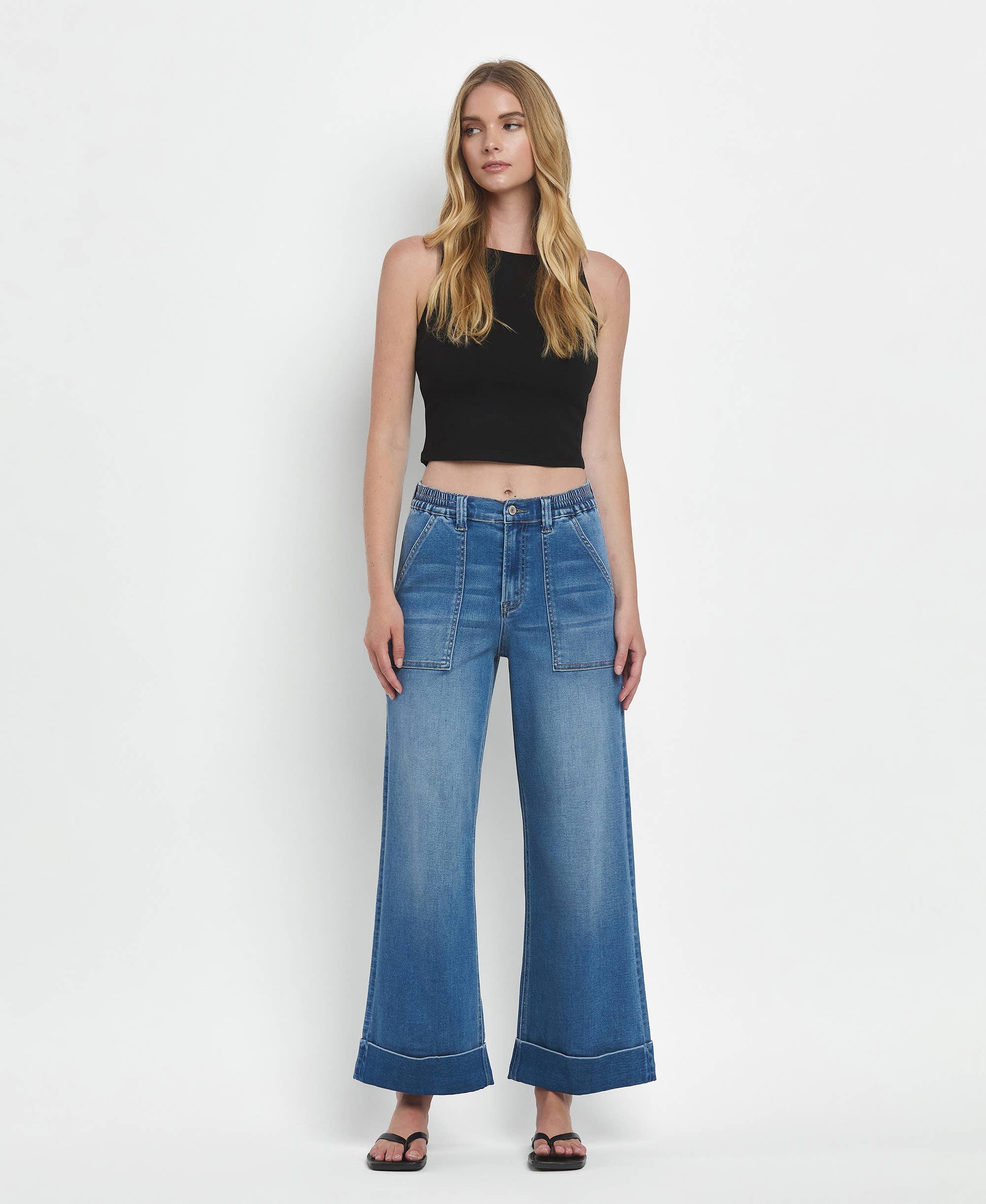 VERVET High Rise Double Cuffed Baggy Wide Cropped Jeans