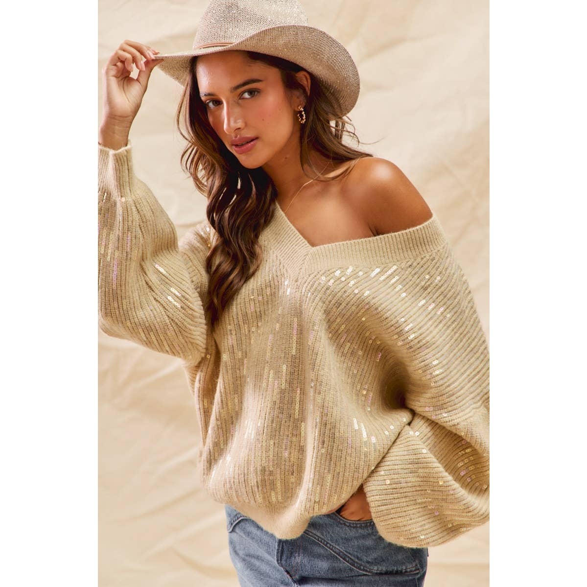 Holiday Sequins Christmas V Neck Sweater