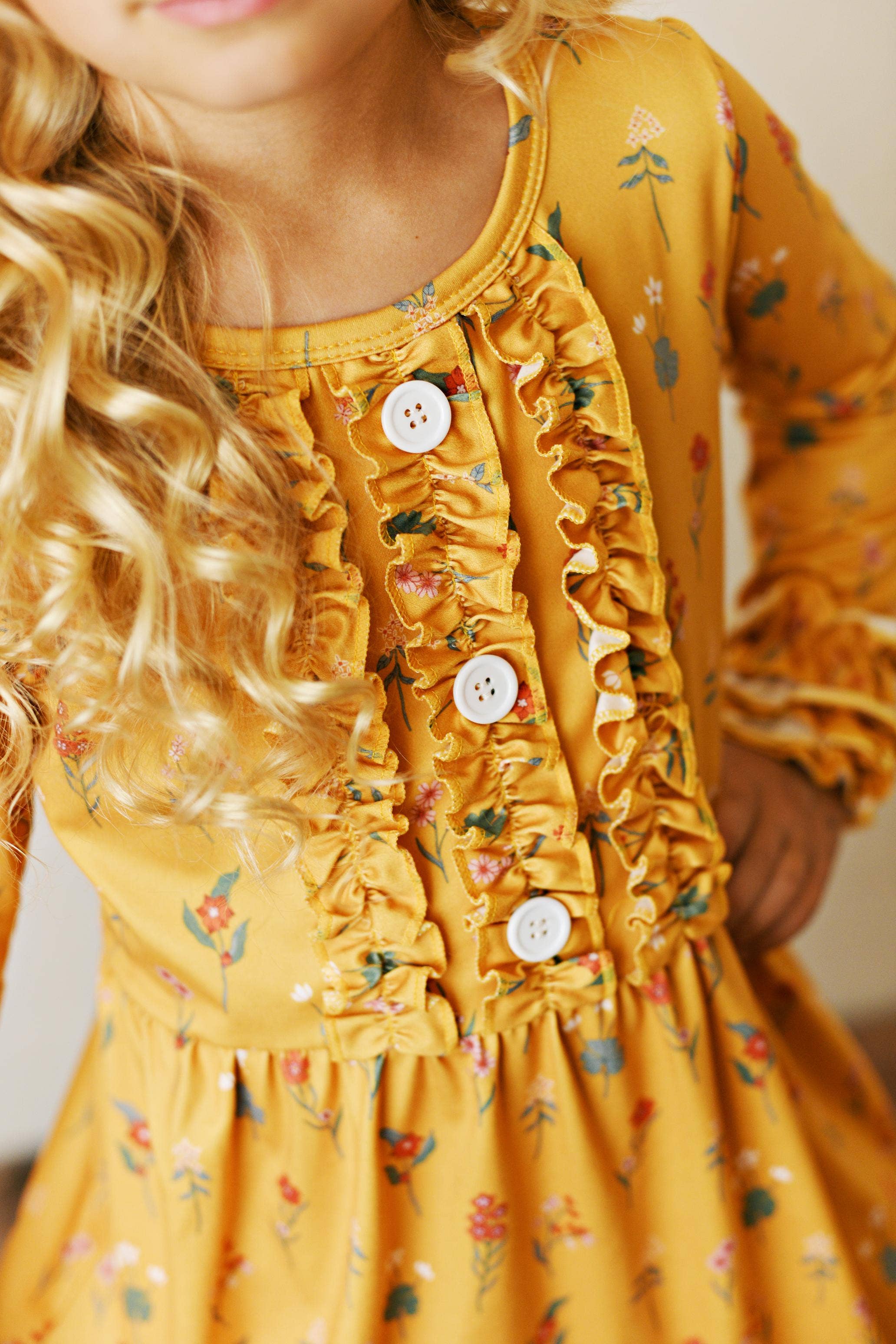 Kids Long Sleeve Mustard Botanical Ruffle Button Fall Dress