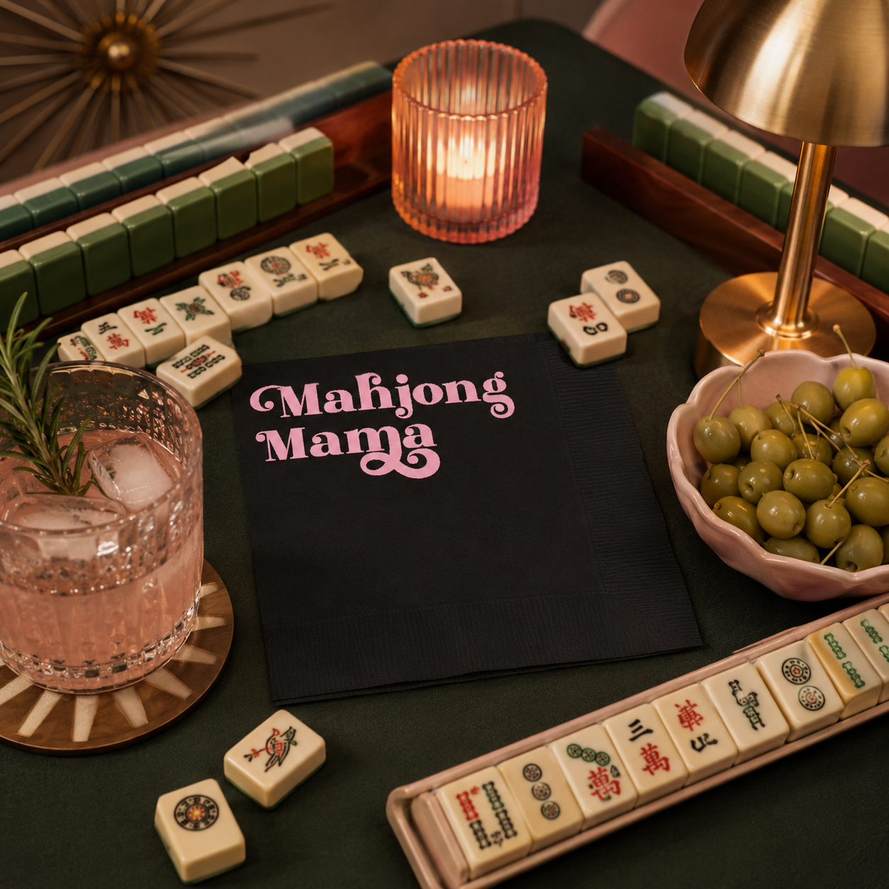 Mahjong Mama Black and Pink Foil Game Night Cocktail Napkin
