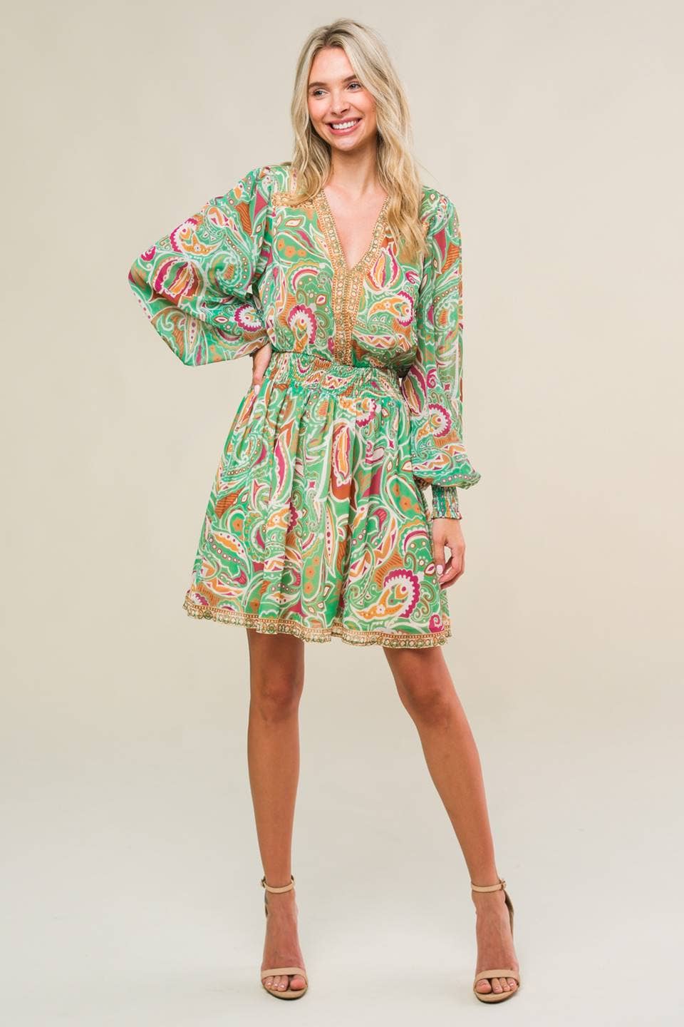 Long Sleeve Paisley Green Mini Dress