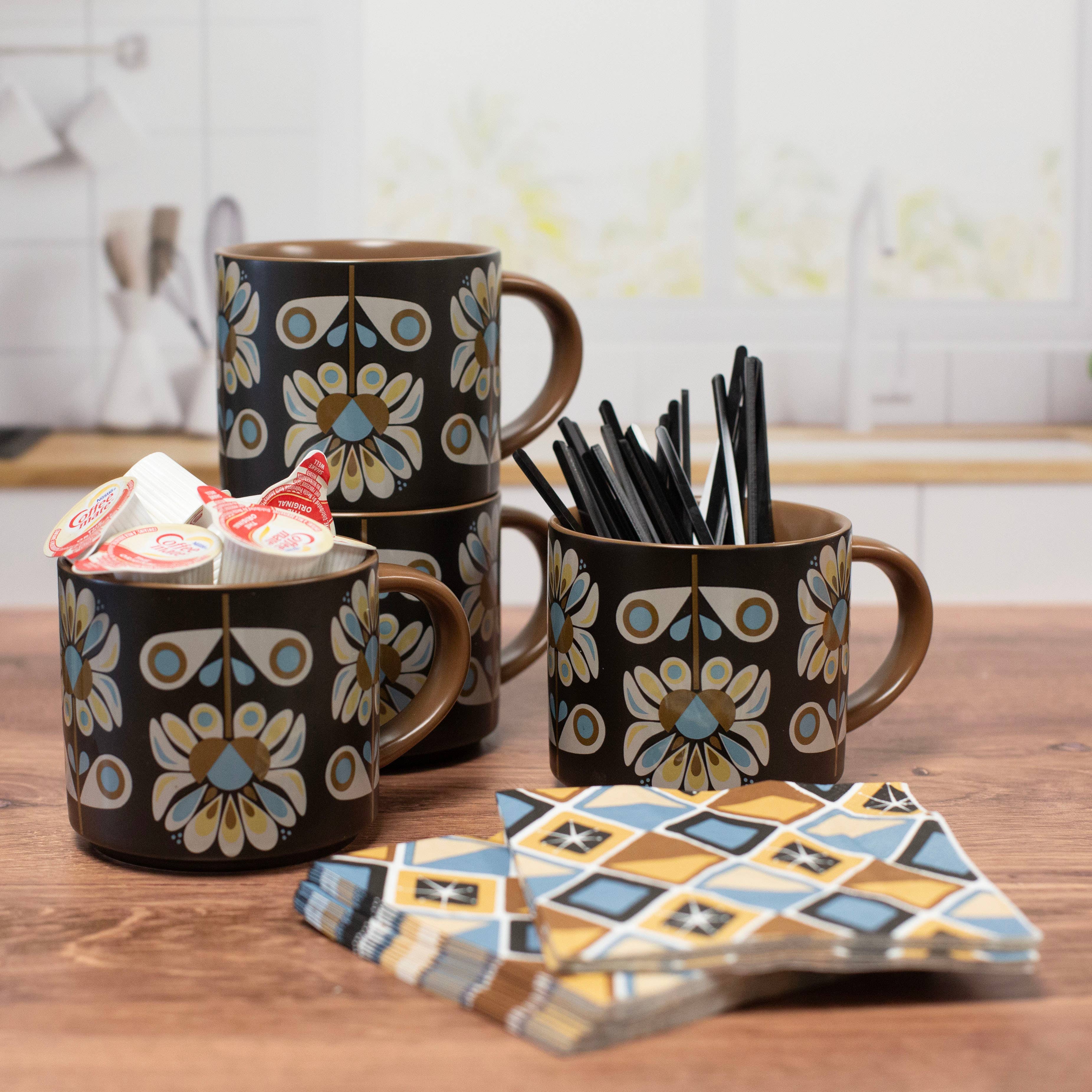 Black and Blue Petals Mid Century Stackable Matte Coffee Mug
