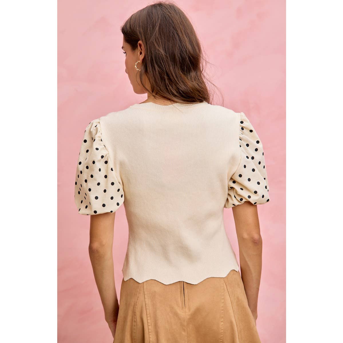 Polka Dot Contrast Woven Balloon Sleeve Top