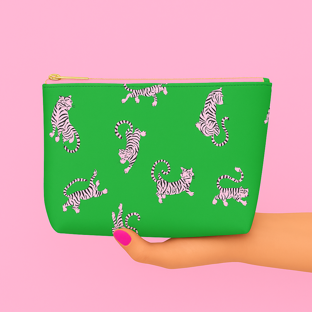 Cute pouch + cosmetic bag |  pink green tiger