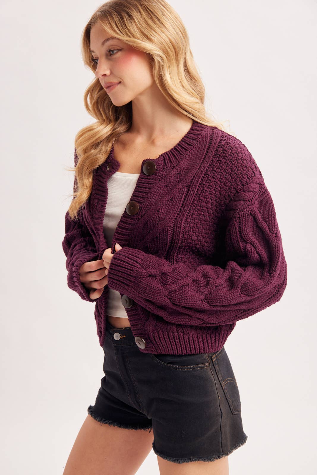 Cropped Button Front Cable Knit Cardigan