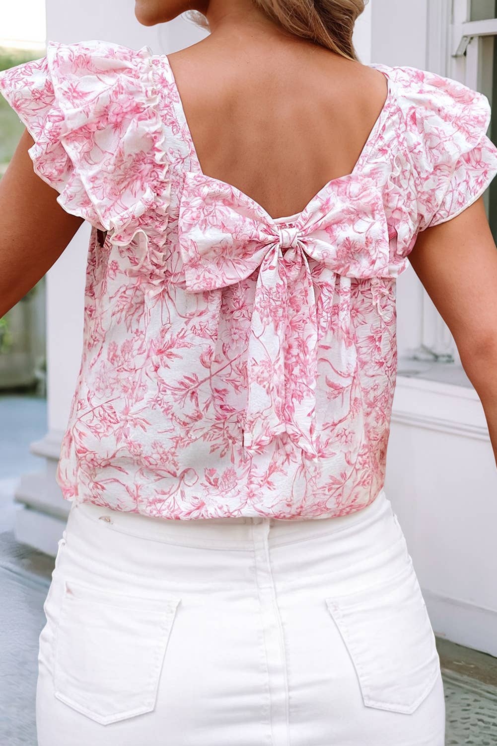 Floral Ruffled Short Sleeve Square Neck Bow Back Blouse