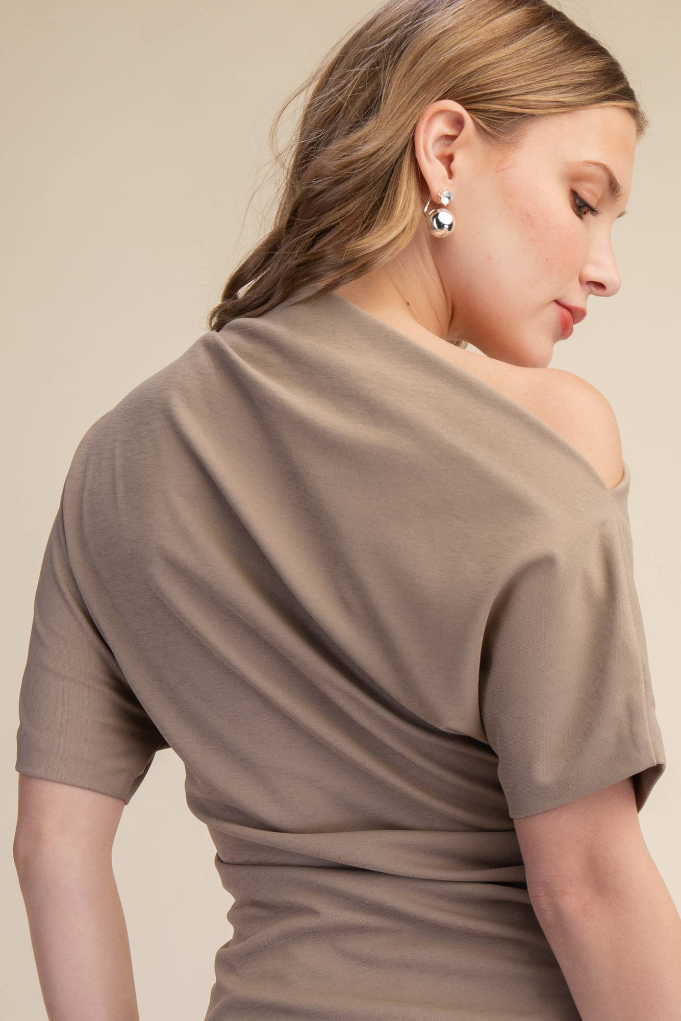 Asymmetric Draped Neck Gathered Blouse - Black or Taupe