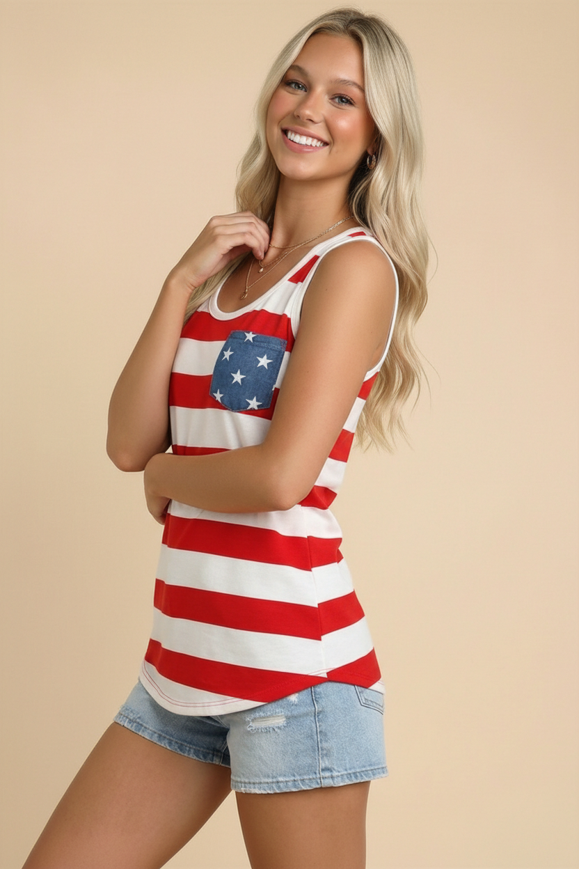 Patriotic Red and White striped tank top with Blue Star Bow and Pocket