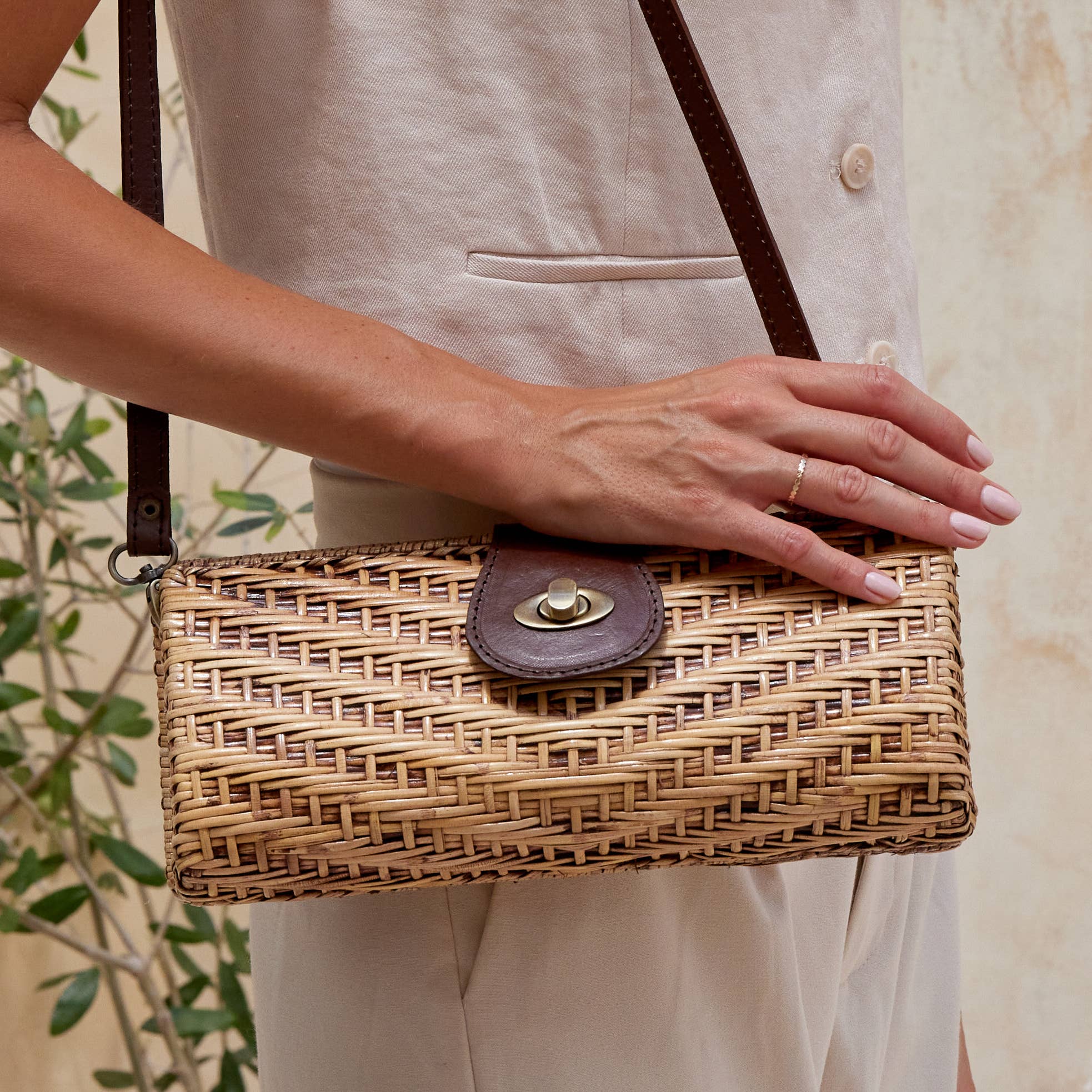 Rattan Convertable Clutch with Removable Leather Strap