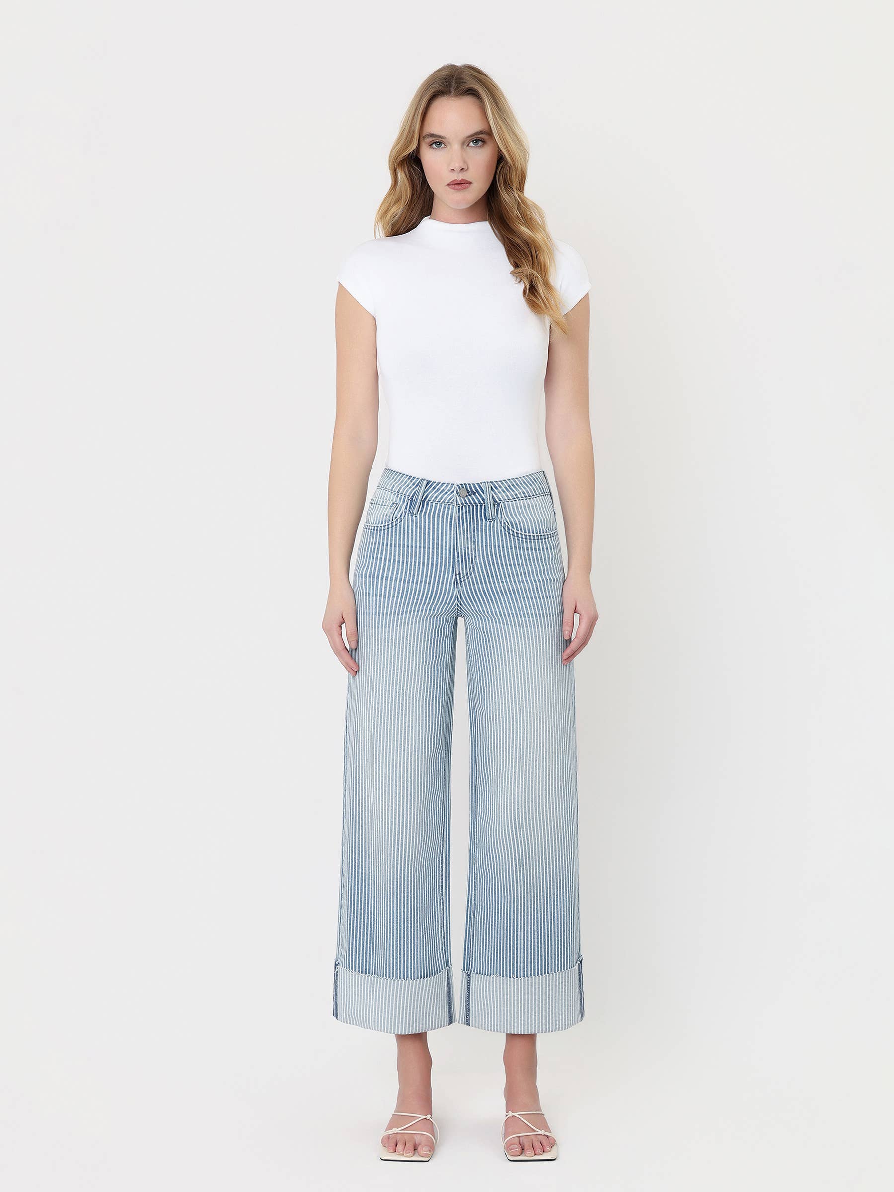 High Rise Cuffed Striped Crop Wide Jeans