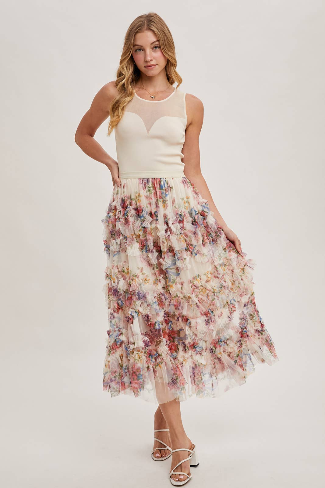 Floral Ruffled Mesh Midi Skirt with Lining