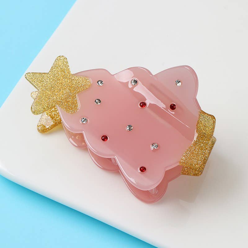 Pastel Pink Gemstone Christmas Tree Claw Clip