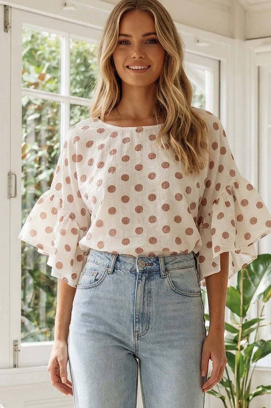 Polka Dot Wild Ruffle Sleeve Flowy Blouse Top - Blue or Blush