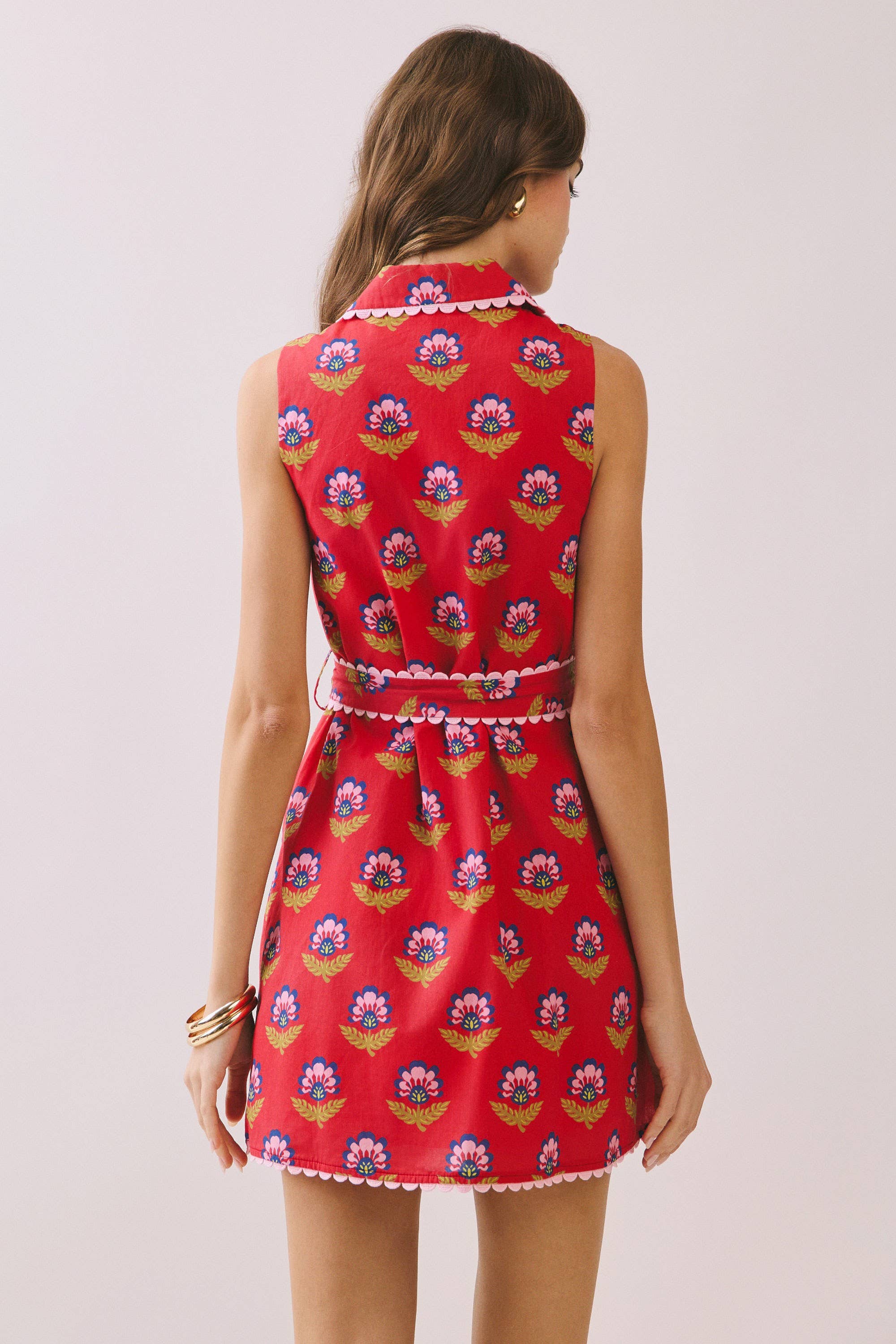 Floral Print Contrast Scalloped Trim Detail Dress