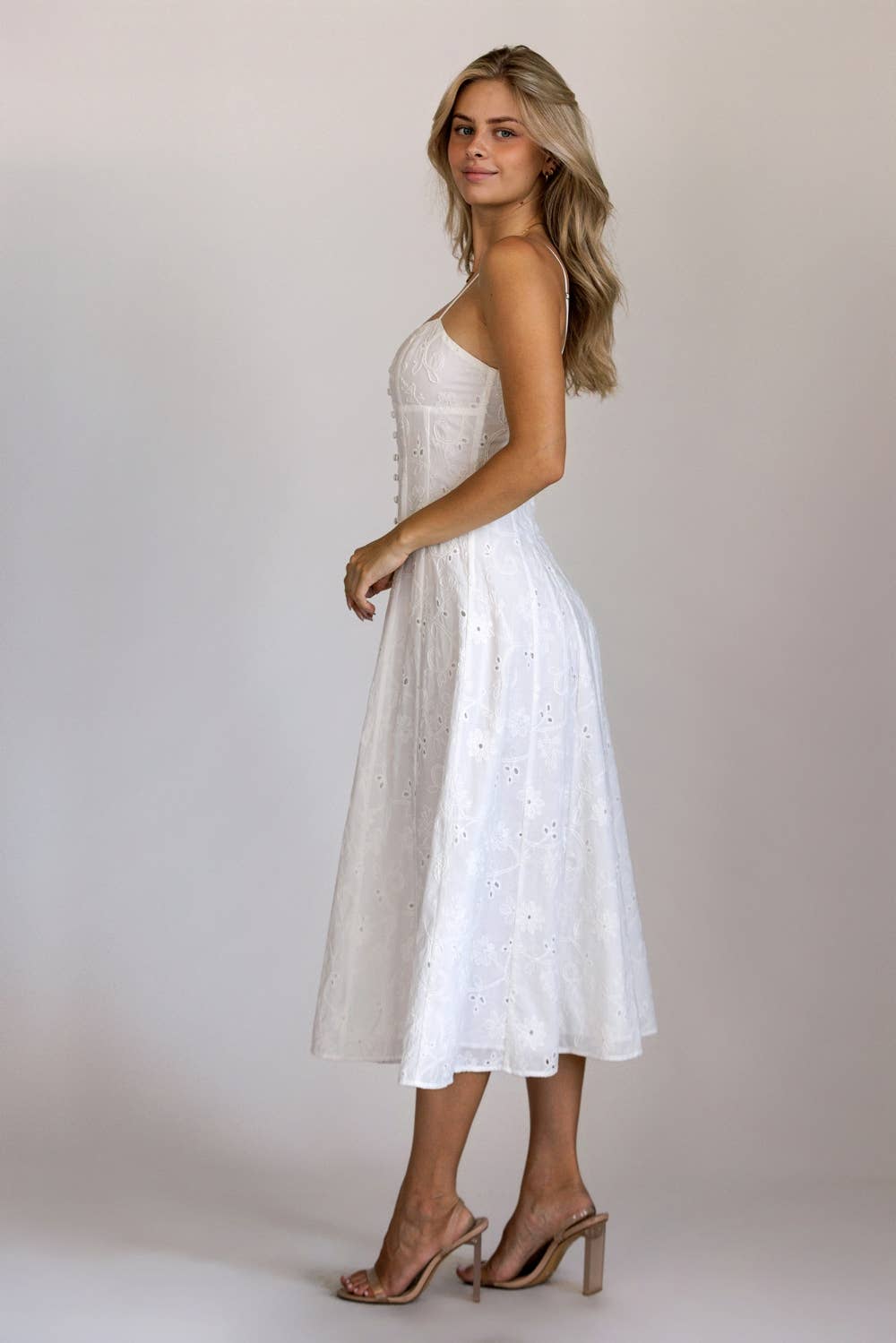 Eyelet Embroidered Button Front Midi Dress