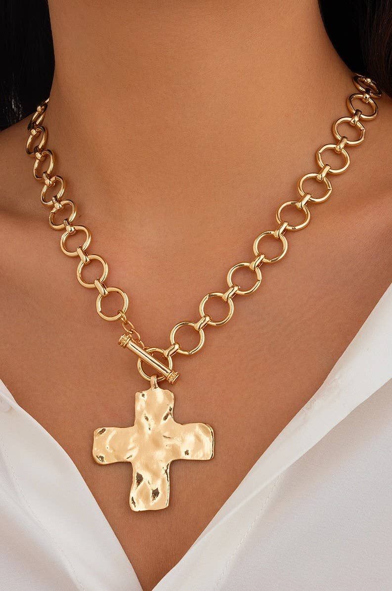 Notable Hammered Cross Front Toggle Necklace - Gold or Silver