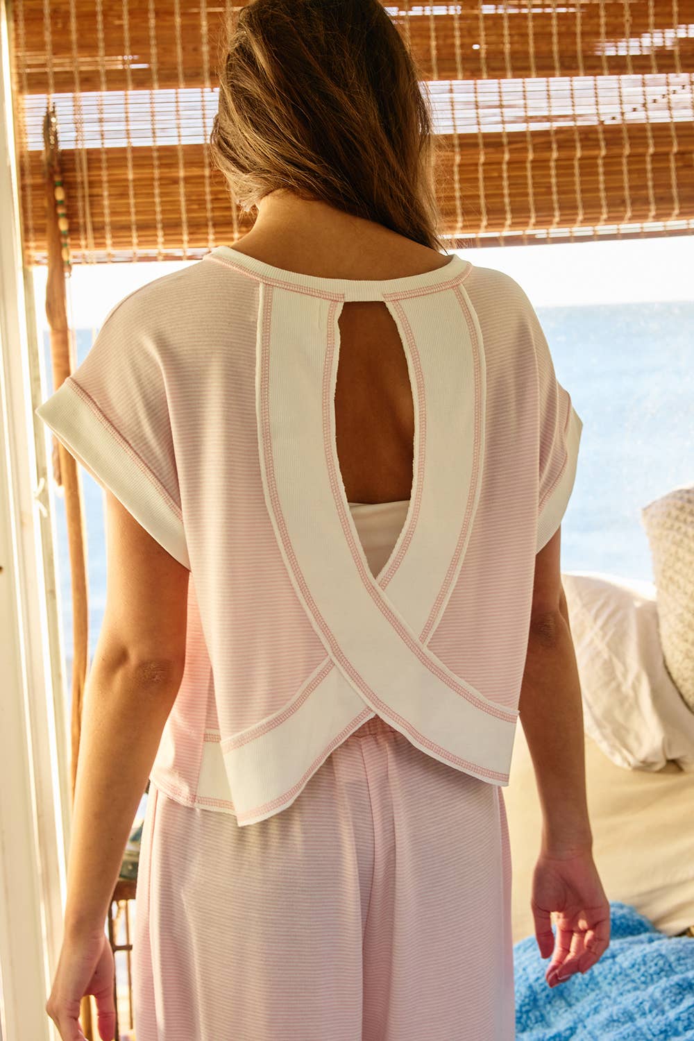 Overlap Open Back Reverse Stitch Stripe Crop Top