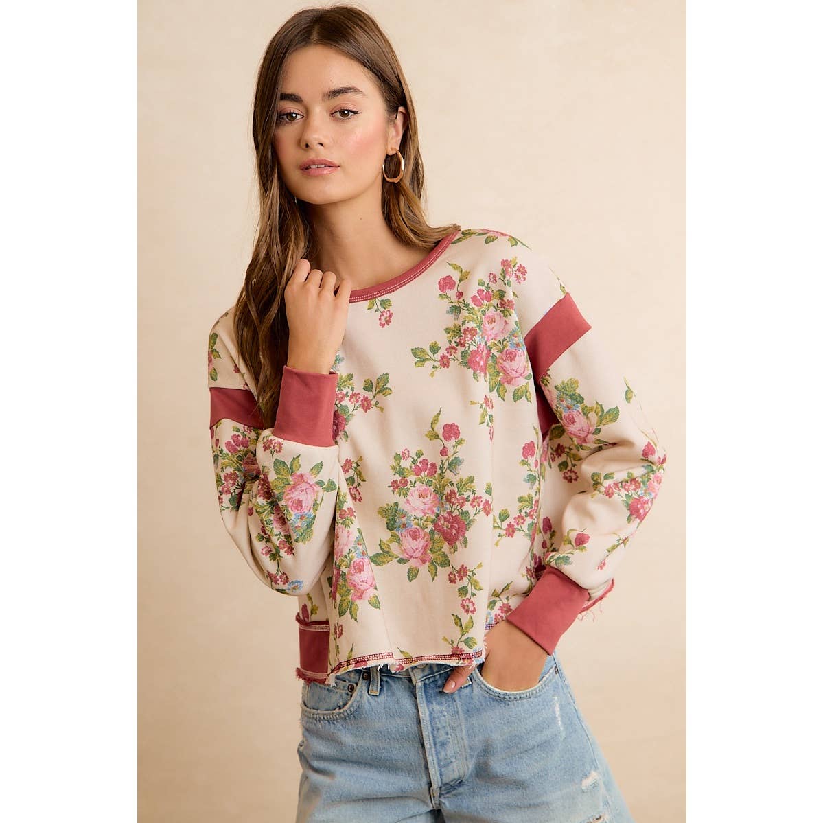 Floral Brushed Terry Open Back Long Sleeve Top