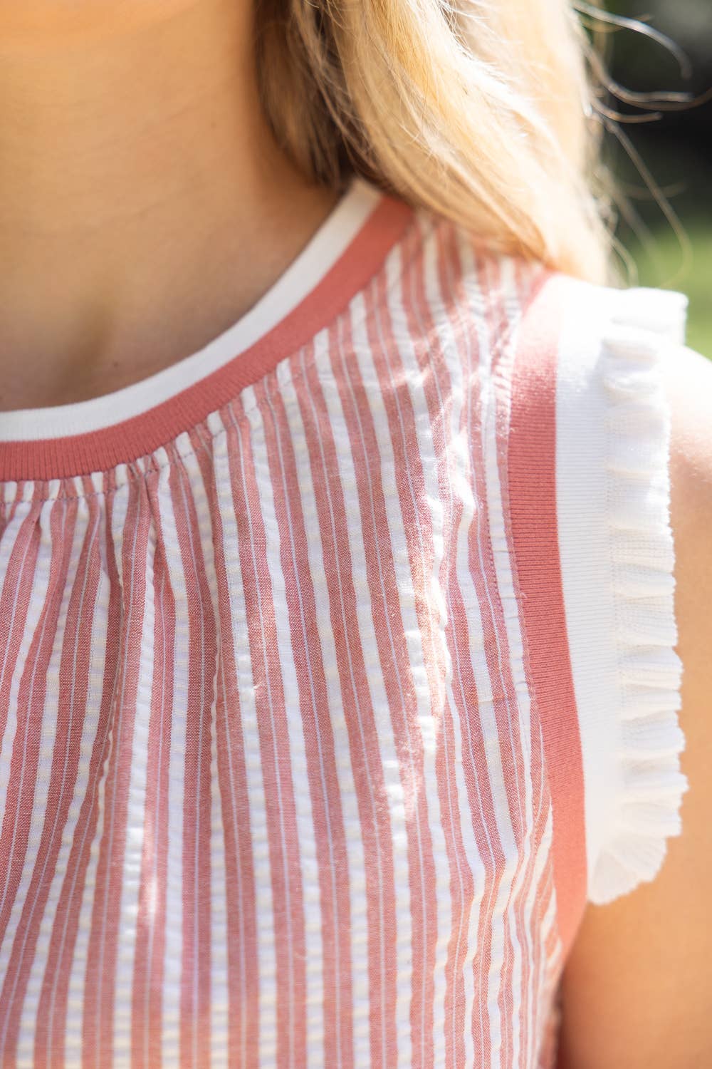 Ruffled Rib Band Detailed Sleeveless Stripe Dress - Red