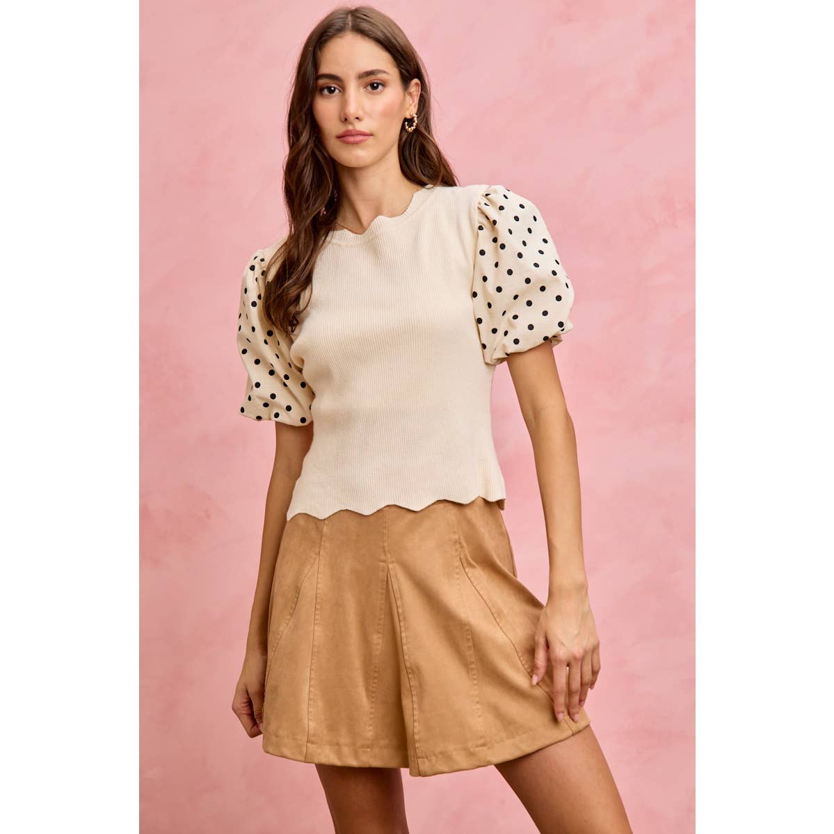 Polka Dot Contrast Woven Balloon Sleeve Top
