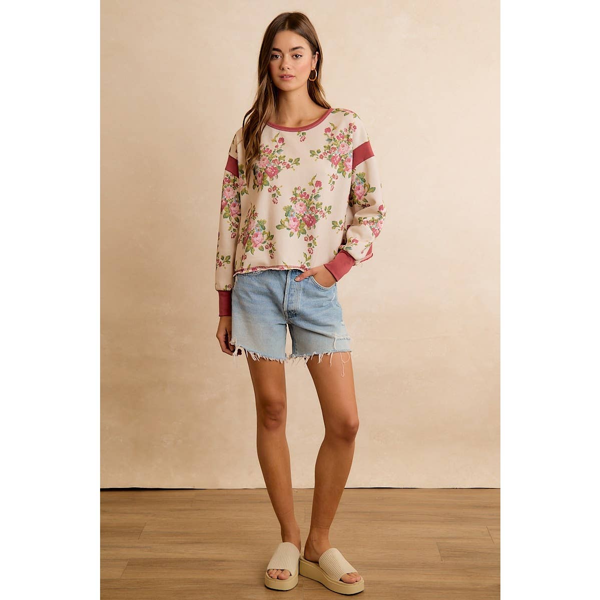 Floral Brushed Terry Open Back Long Sleeve Top