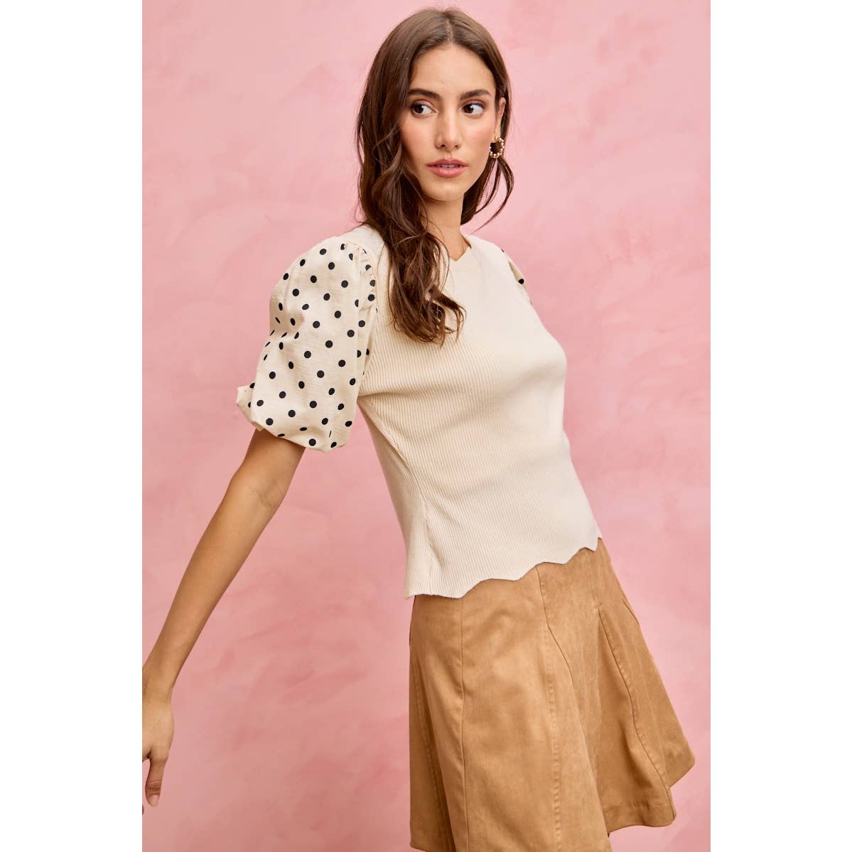 Polka Dot Contrast Woven Balloon Sleeve Top