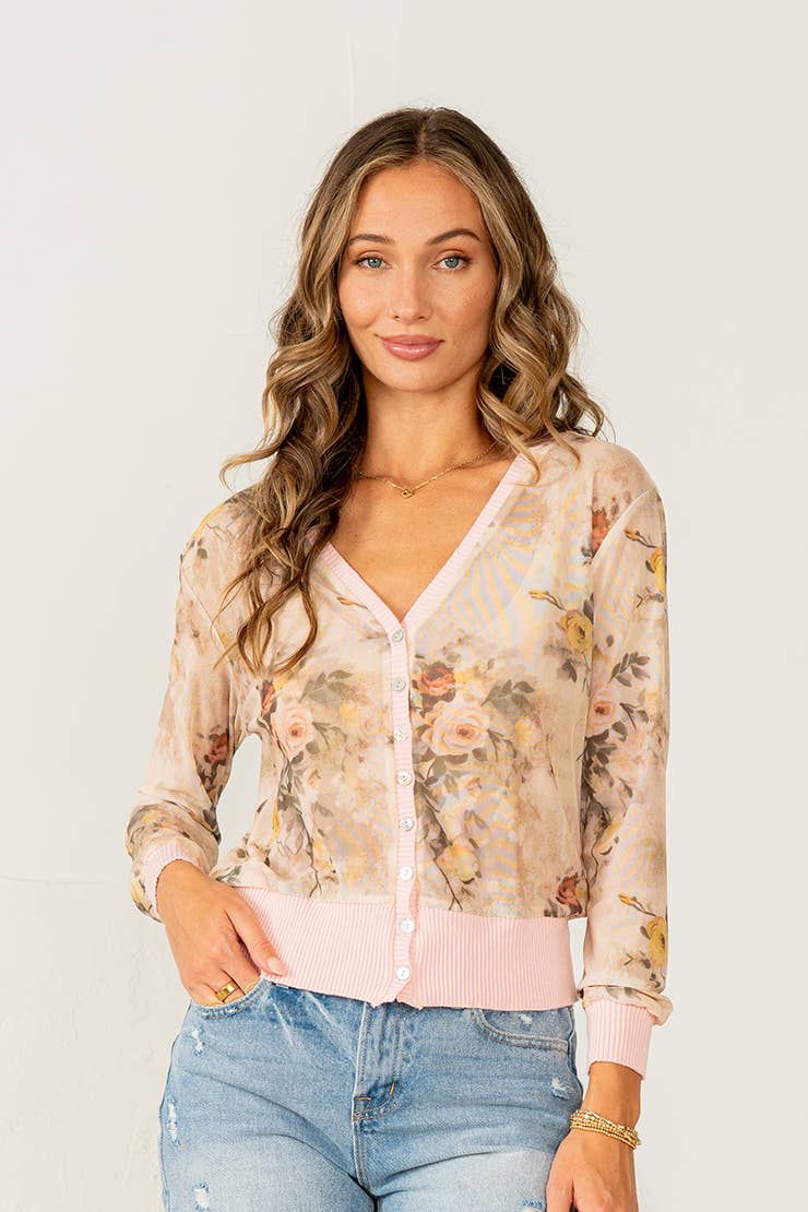 Relaxed Fit Floral Sheer Button Down Cardigan