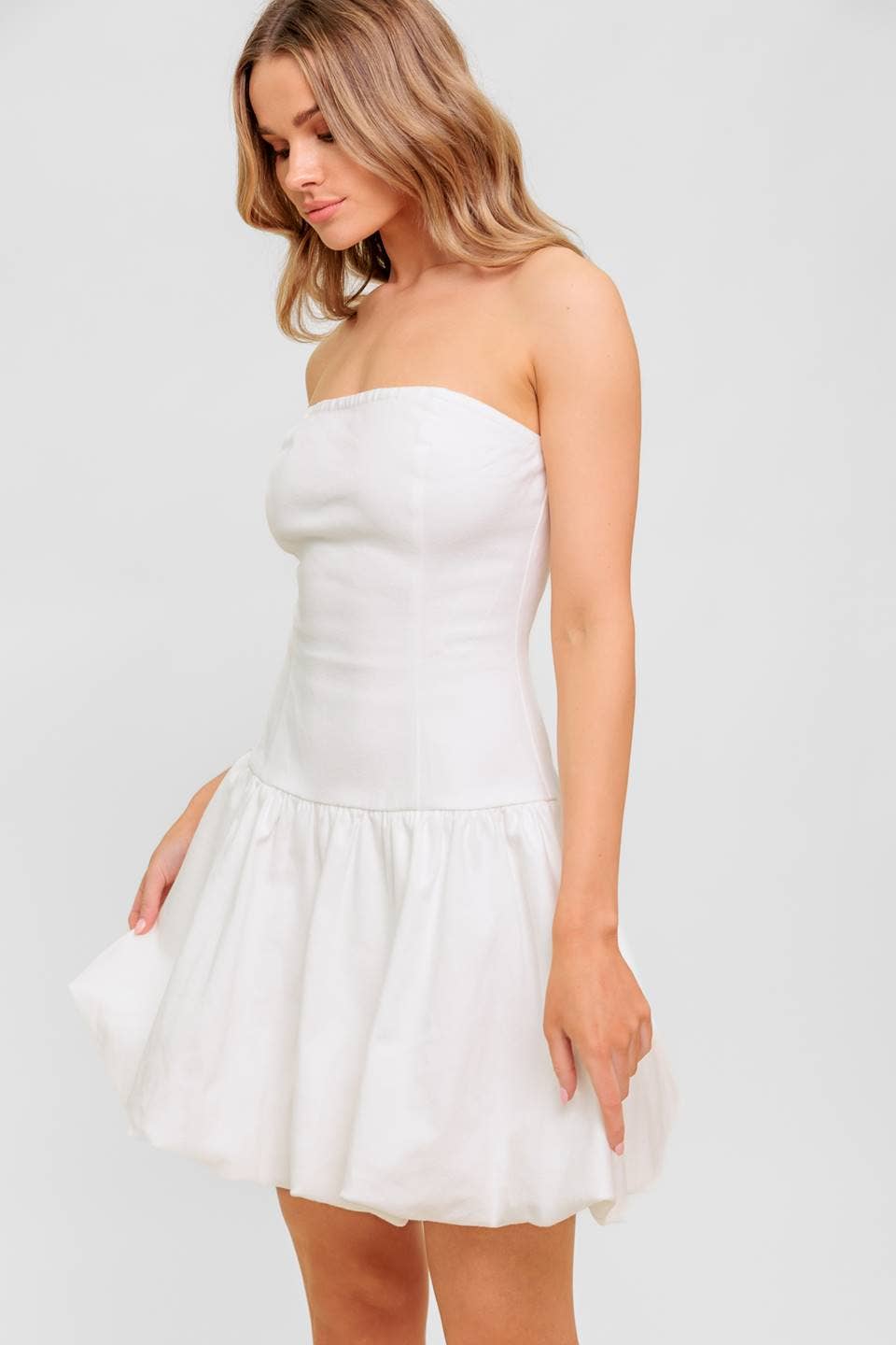 Drop Waist Bubble Hem White Mini Dress